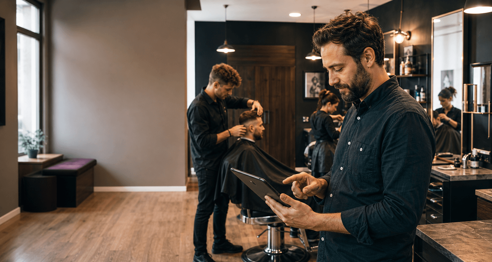 Independent barbershop team serving clients while managing appointments digitally